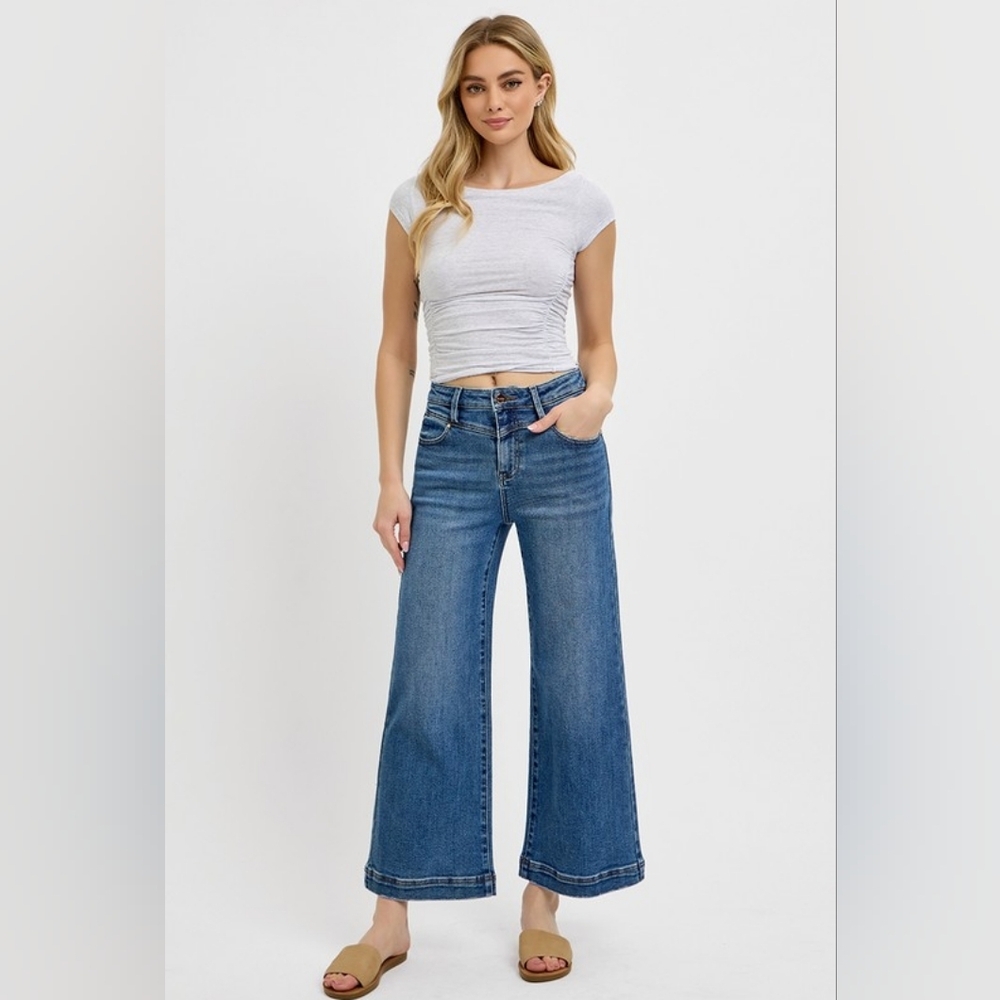 RISEN Full Size High Rise Crop Wide Leg Front Yoke Detail Sz 13